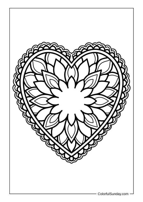 heart mandala with florals in a coloring page