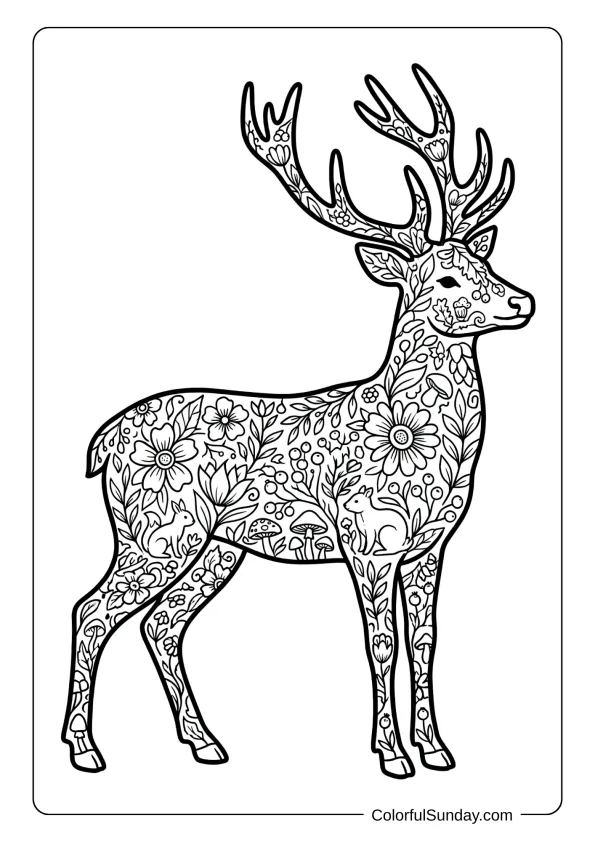 A decorative reindeer silhouette coloring page filled with flowers leaves and nature elements.