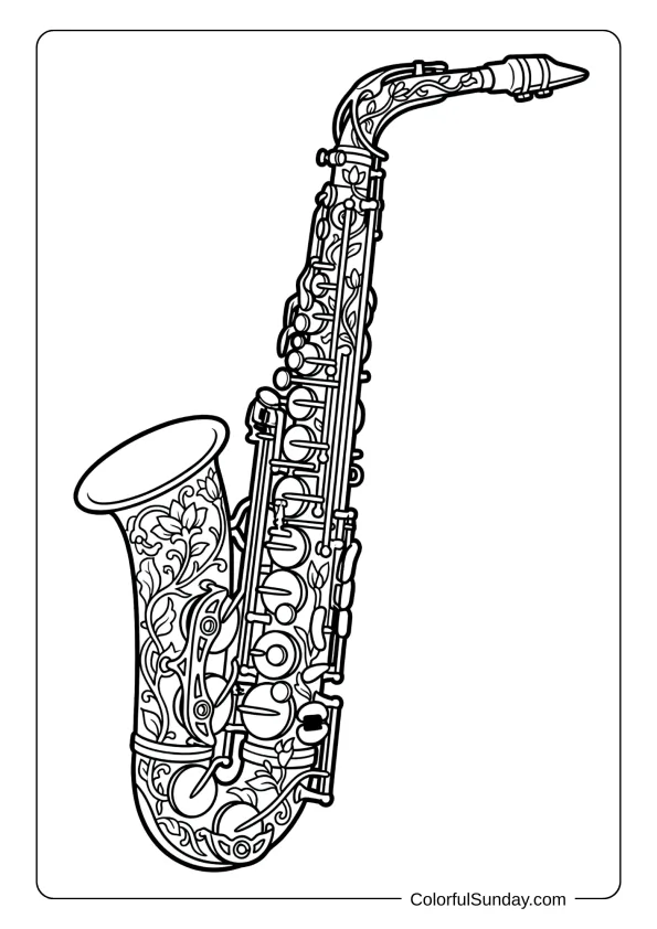 A saxophone coloring page decorated with intricate floral patterns and vines covering its body coloring page.