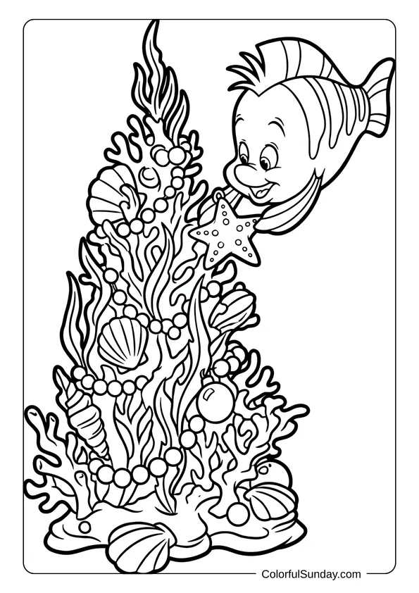 Flounder helping arrange seashell ornaments on underwater tree in this Disney Christmas celebration coloring page.