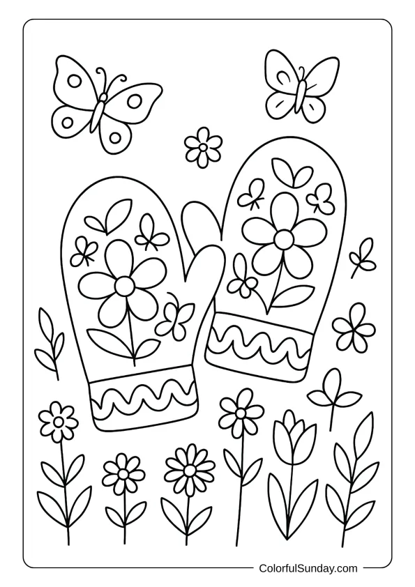 Mittens coloring page showing mittens with flower and butterfly designs in a garden.
