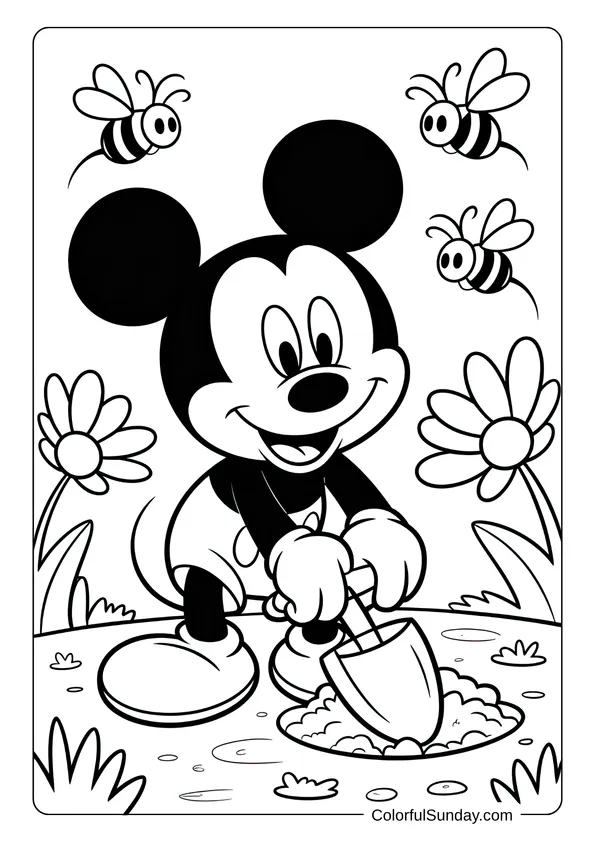 Flower garden scene with Mickey Mouse digging the ground as bees fly around in a coloring page.