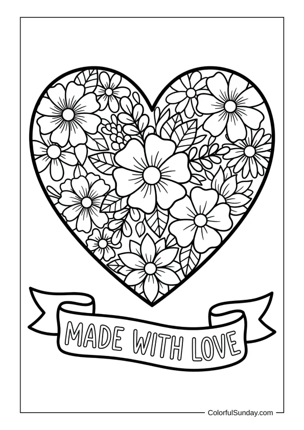 Flower heart with words in a coloring page