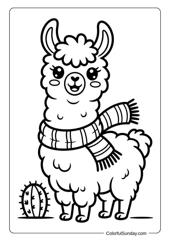 Fluffy alpaca with a scarf beside a cactus, captured in a sweet kawaii animal coloring page.