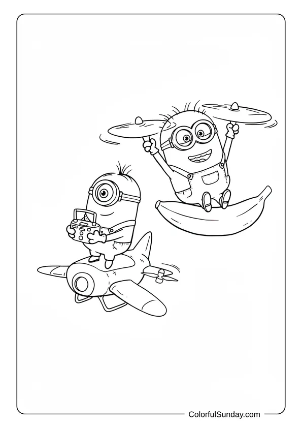 A Minion flying a banana-shaped drone while another controls a toy airplane in an exciting coloring page.