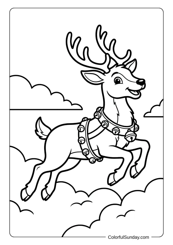 A cheerful reindeer soaring through clouds coloring page with sleigh bells on its harness.