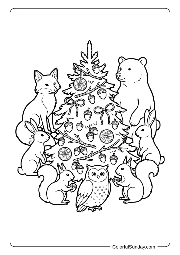 Woodland creatures gathering around a coloring page Christmas tree decorated with natural ornaments and acorns