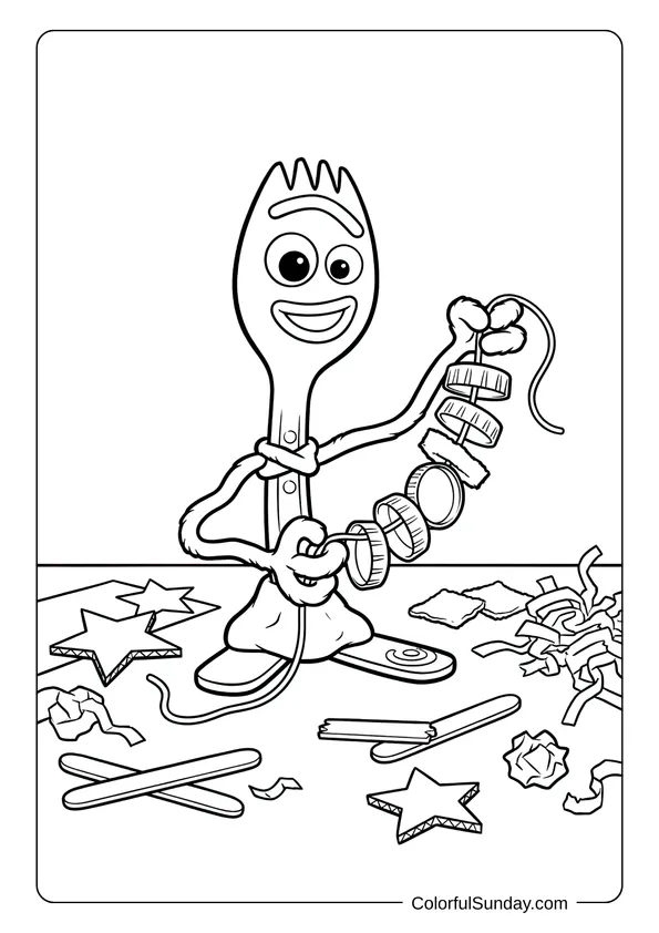 Forky strings popcorn garland during Disney Christmas in a Toy Story coloring page