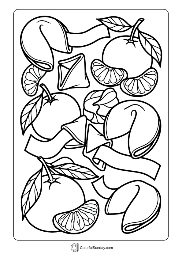 Traditional fortune cookies and mandarin oranges Chinese New Year symbols to color
