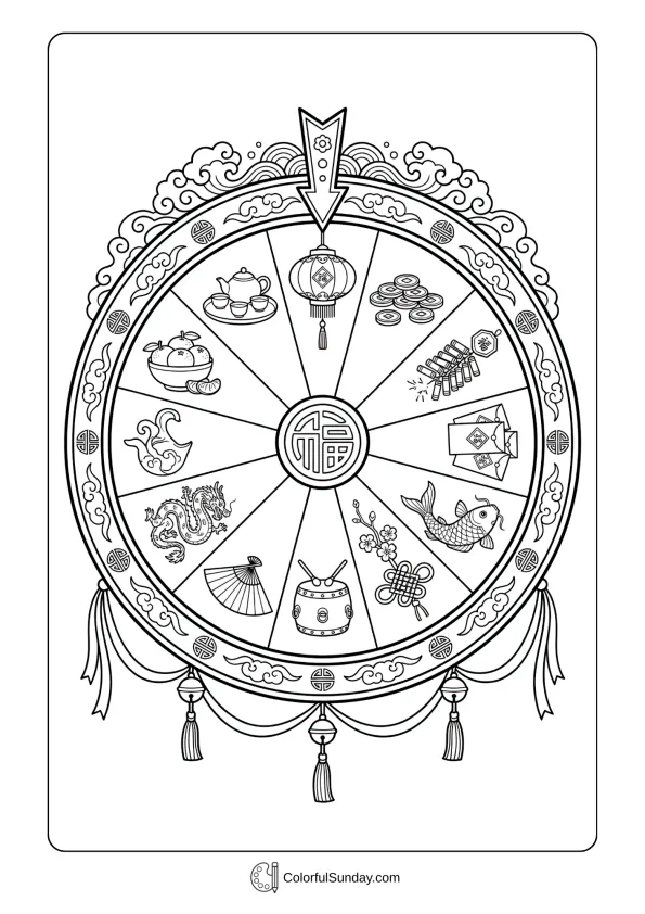 Spinning wheel of luck decorated for Chinese New Year celebrations coloring page