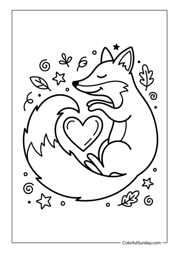 Fox hugging heart in a coloring page