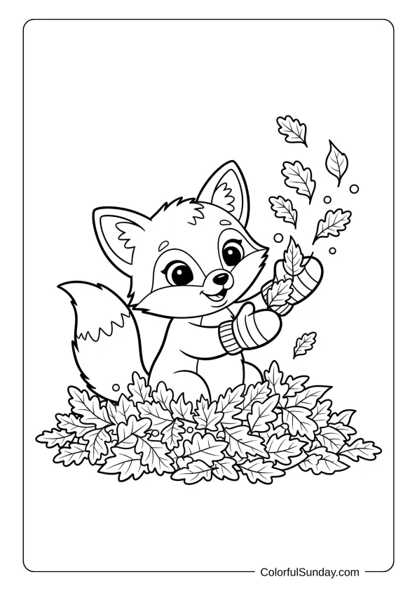 Mittens coloring page showing a fox kit wearing mittens playing in leaves.