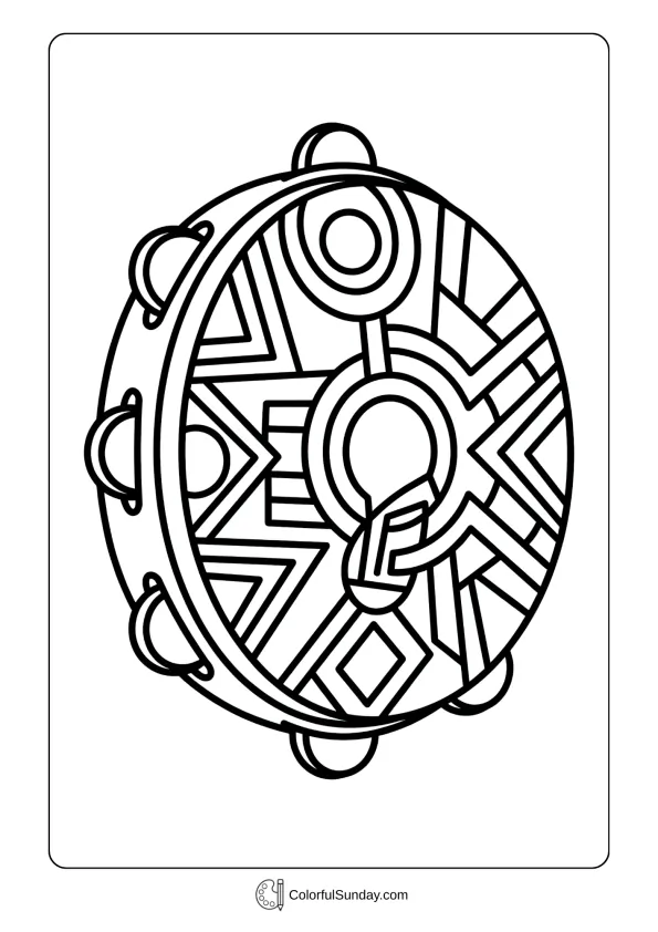 A coloring page of simple frame drum with jingles around edge and beautiful geometric pattern designs