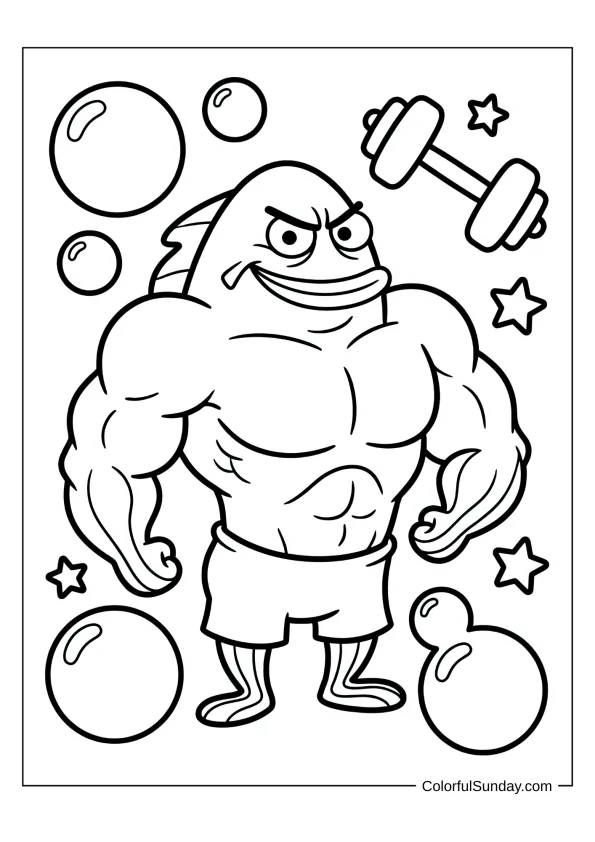 Simple Frank the buff fish showing muscles in a coloring sheet for preschoolers