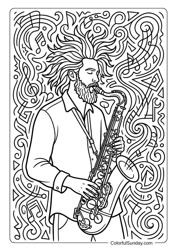 Avant-garde saxophonist in experimental performance coloring page with abstract musical symbols and creative expression shown.