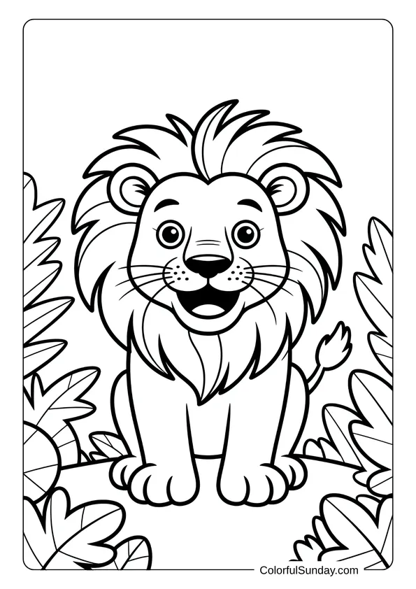 A friendly lion with a wide smile appears between leaves, radiating charm in this playful coloring page.