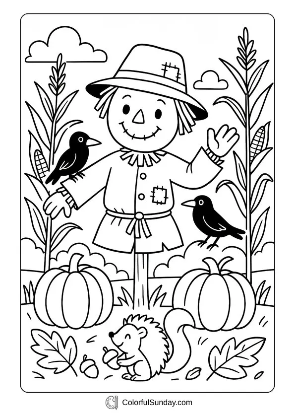 Friendly Scarecrow September Coloring Page Friendly scarecrow with pumpkins, crows, and cornfield in a September coloring page.
