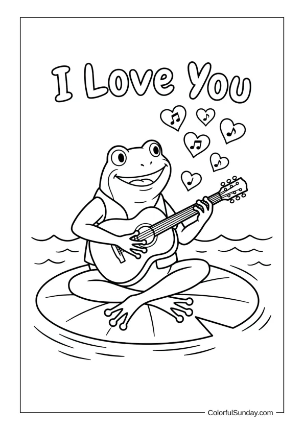 Frog on lily pad playing guitar with hearts as notes saying I love you in a coloring page.
