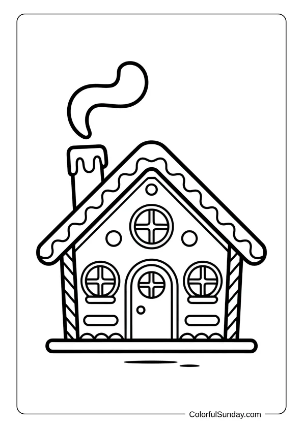 A simple frosted gingerbread cabin with a smoking chimney makes a cozy winter coloring page.