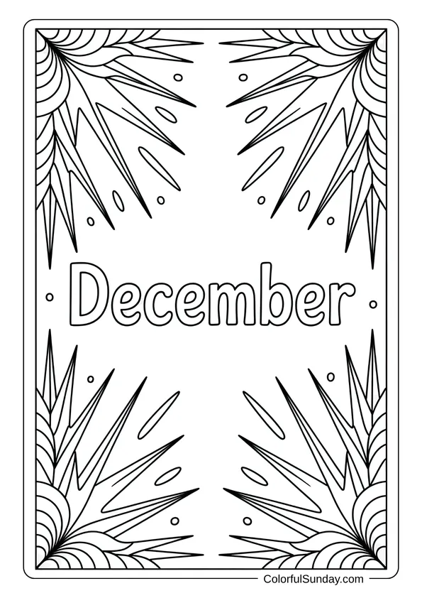 Geometric frost patterns frame the word December in a simple and elegant winter coloring page.