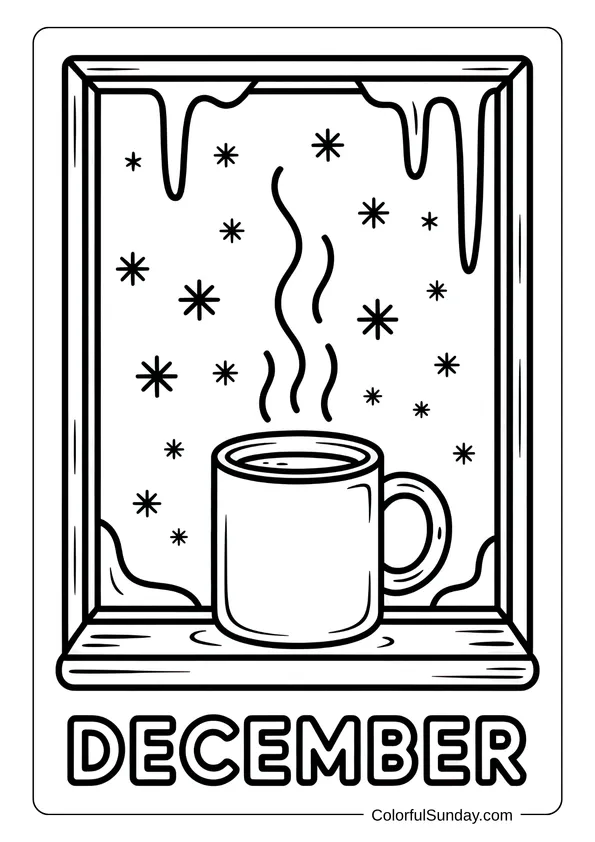 A steaming mug of hot drink on a window ledge with snow falling outside in a December coloring page.