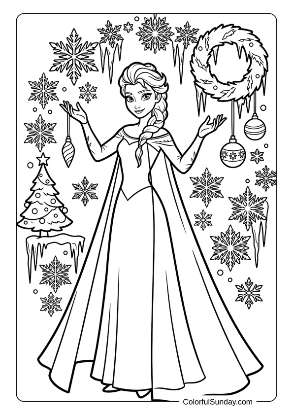 Frozen Elsa creating magical ice snowflakes and decorations in this Disney Christmas coloring page.