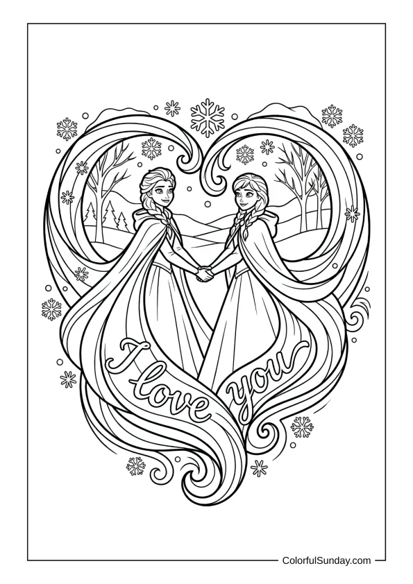 Elsa and Anna standing together in snow with swirling cloaks forming I love you in a magical coloring page.