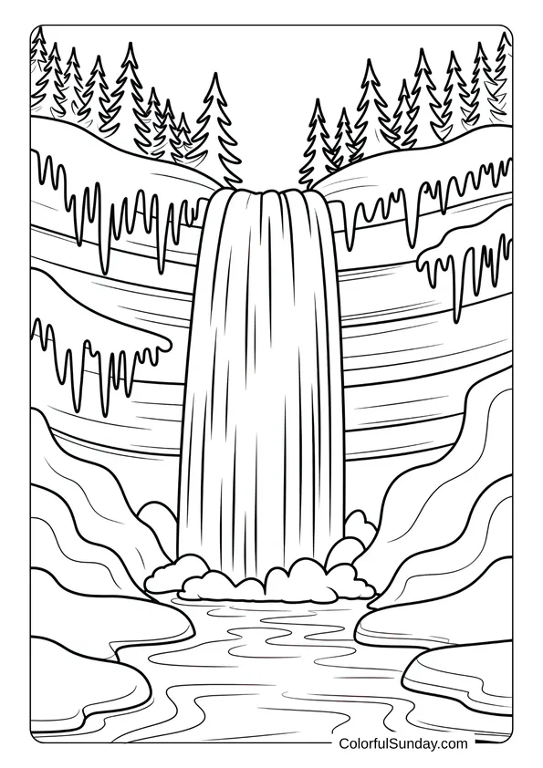 A tall frozen waterfall surrounded by snow-covered rocks and pine trees in a peaceful December coloring page.