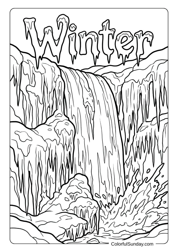 A cascading waterfall freezes mid-flow in this frozen winter coloring page.