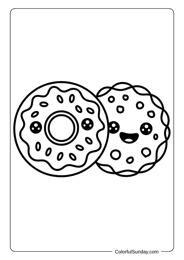 Two smiling cookies with frosting and sprinkles designed for a kawaii snack coloring page.