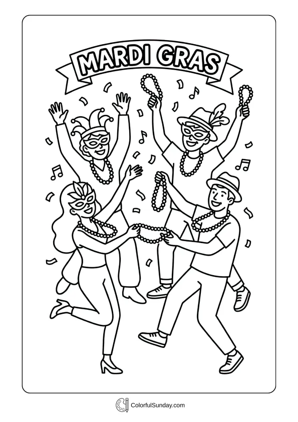 Joyful group of revelers throwing beads in a fun Mardi Gras celebration coloring page.