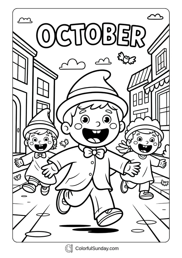 Pikachu From Pokemon Coloring Page Children in costumes joyfully running down the street on an October coloring page.