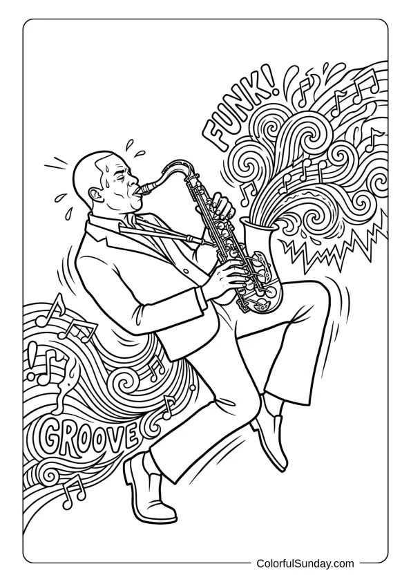 Groovy funk saxophonist in dynamic pose coloring page with rhythmic patterns and energetic stage presence captured.