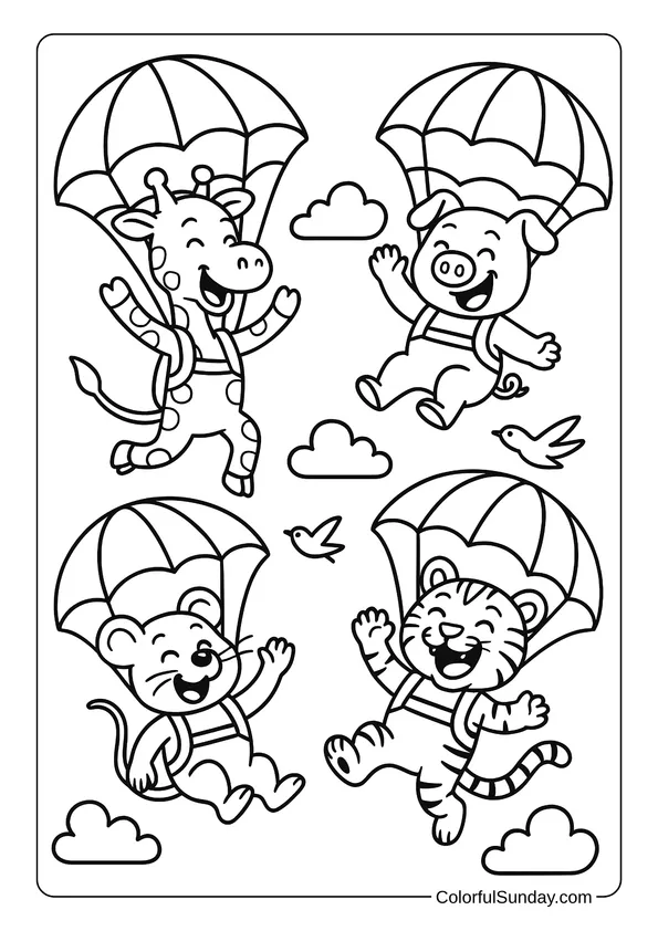 Four happy animals — a giraffe, pig, mouse, and tiger — skydive with parachutes in this playful coloring page.