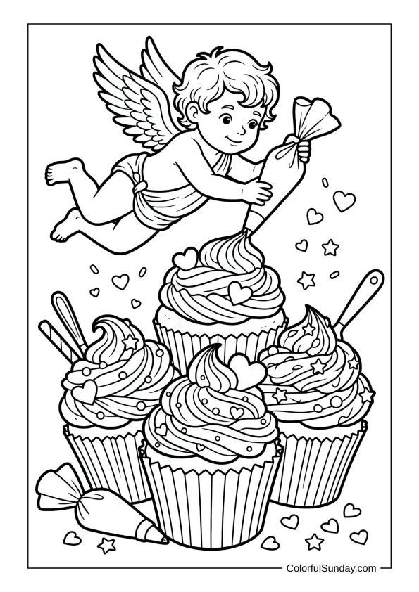 Baker Cupid decorating adorable cupcakes with heart toppings in a coloring page.