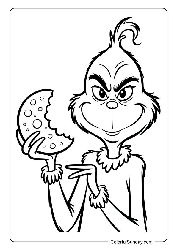 The Grinch holding a bitten cookie with a mischievous grin, drawn in a funny Christmas coloring page.