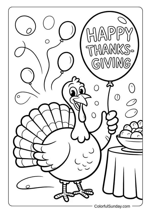 A funny turkey holding a balloon that says Happy Thanksgiving, surrounded by floating balloons in a coloring page.