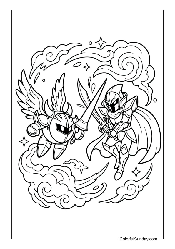 Galacta Knight duels a masked foe surrounded by cosmic swirls in this coloring page featuring Kirby universe