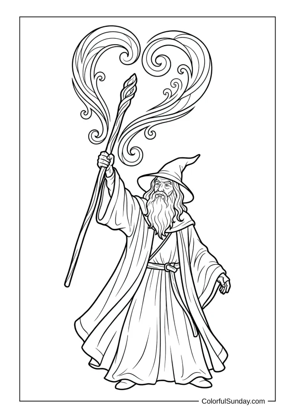 Gandalf casting heart spell in a coloring page