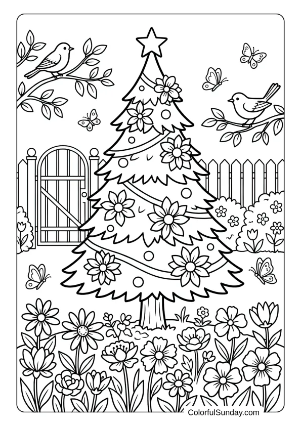 A Christmas tree blooming in a garden surrounded by flowers, birds, and butterflies coloring page