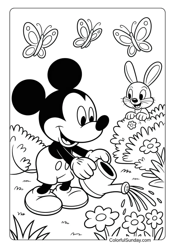 Pokemon Badges And Logo Coloring Page Mickey Mouse waters flowers while a bunny peeks from the bushes and butterflies fly around in this garden coloring page.