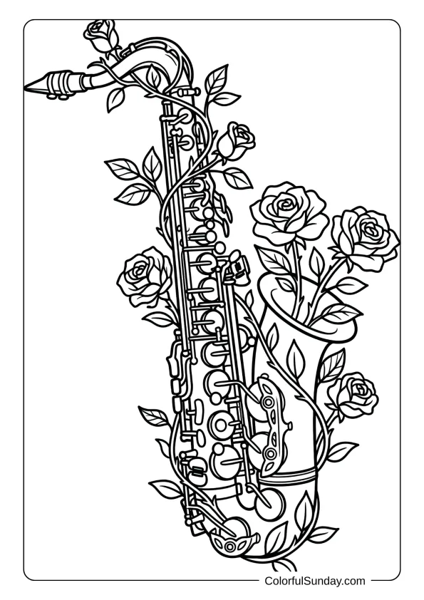 Garden Roses Saxophone Coloring Page A saxophone coloring page covered with vines and roses in garden theme coloring page.