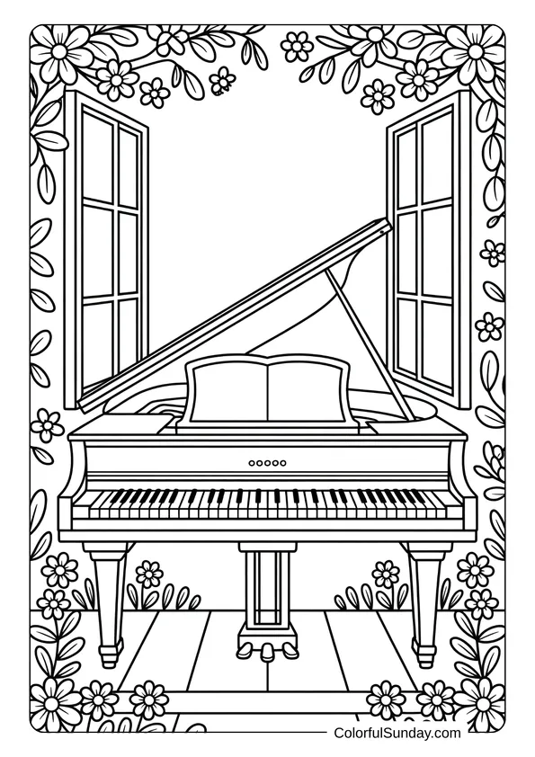 Pokemon Badges And Logo Coloring Page Coloring page of a grand piano surrounded by flowers and open windows in a garden view.
