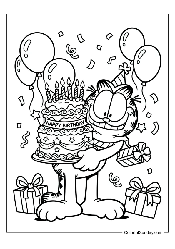 Garfield celebrating a birthday with cake coloring picture