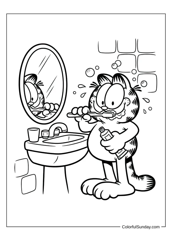 Garfield brushing his teeth in the morning coloring pic