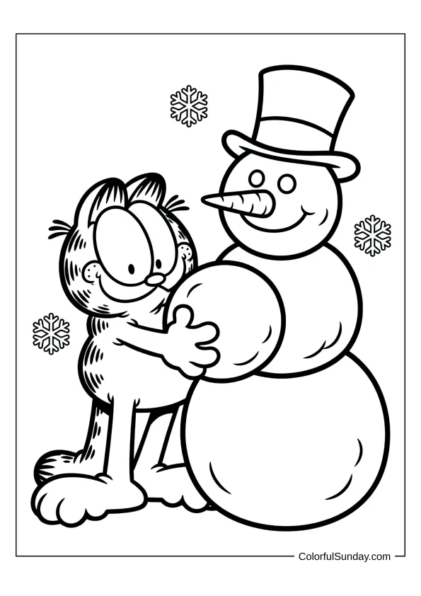 Garfield building a snowman in winter coloring picture