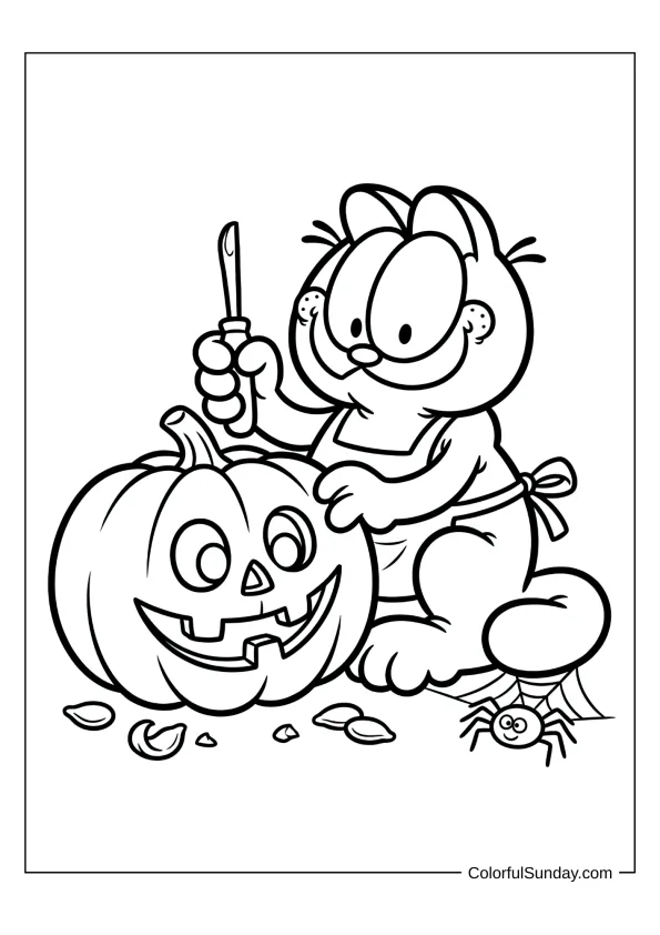 Garfield carving a pumpkin for Halloween coloring sheet