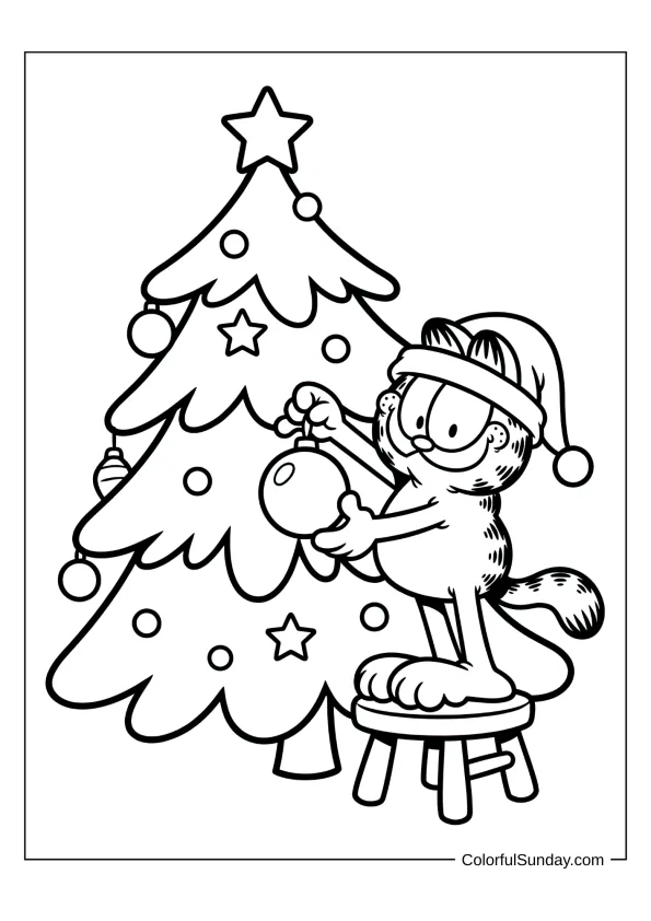 Garfield decorating a Christmas tree coloring page