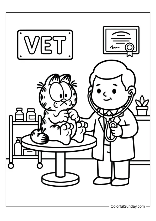 Garfield at a doctor checkup visit coloring page