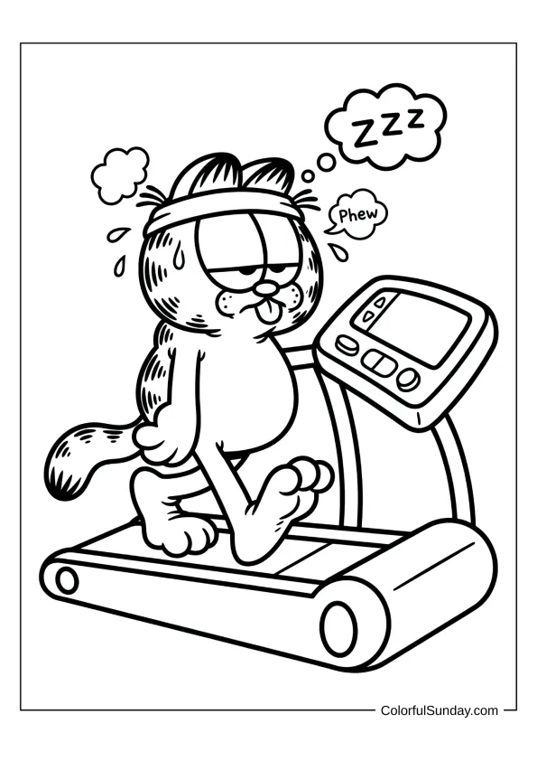 Garfield exercising on a treadmill coloring picture